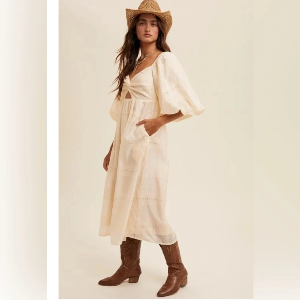 Listicle Cream Twist-Front Cutout Puff Sleeve Eyelet Midi Dress Size Medium